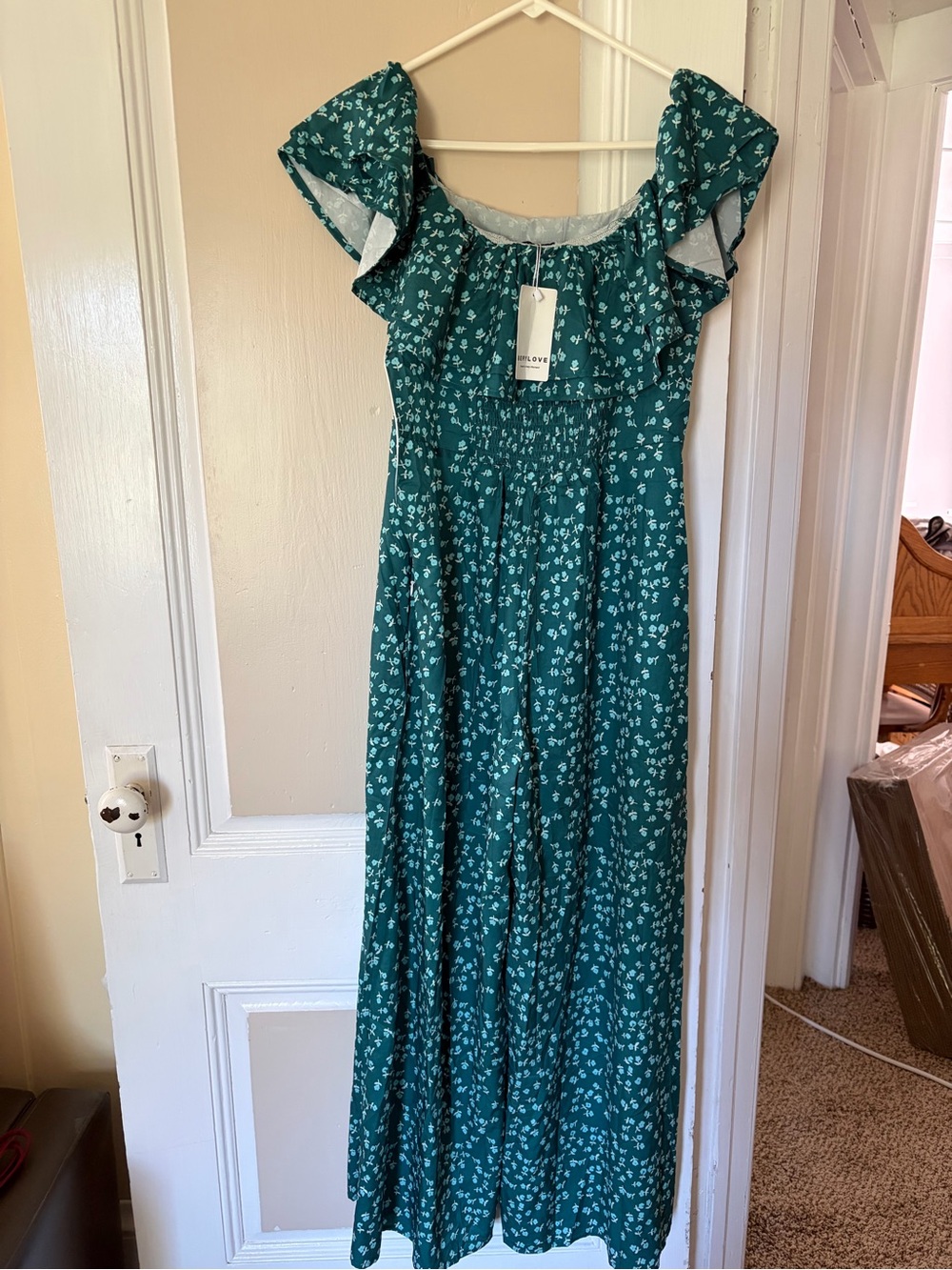 Off-Shoulder Teal Floral Maxi Dress with Smocked Waist